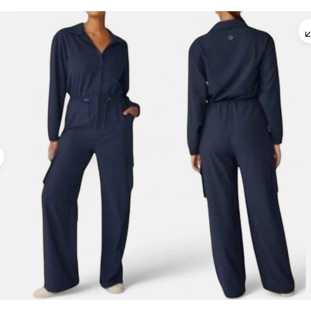 Beyond Yoga City Chic Jumpsuit Athleisure Wide Leg Navy Cargo 90s Sz M Travel